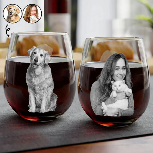 Personalized Custom Photo Pet Portrait Stemless Wine Glass - Gift for Pet Lovers