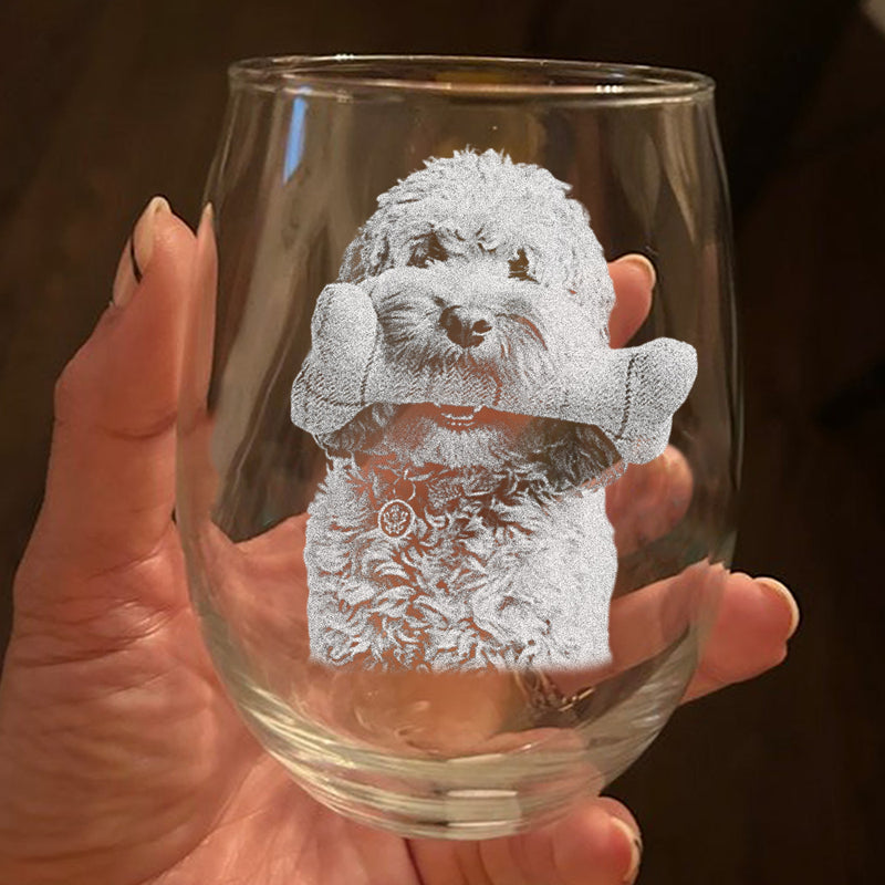 Personalized Custom Photo Pet Portrait Stemless Wine Glass - Gift for Pet Lovers