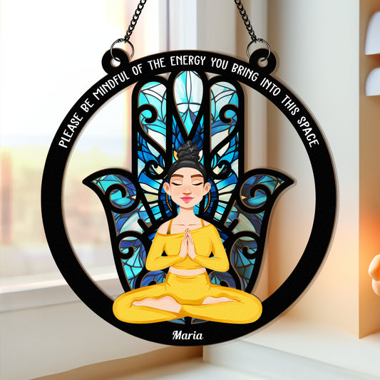 Personalized "Mindful Energy" Suncatcher | Hamsa Yoga Home Decor Gift