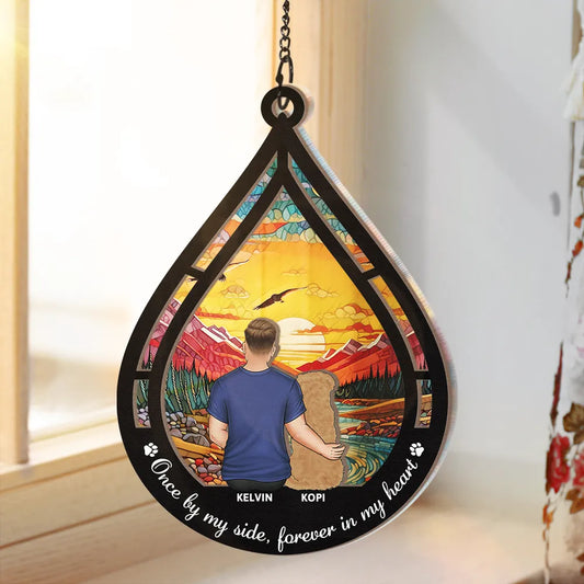 Custom Pet Memorial For Loved One Suncatcher Ornament: "Once By My Side, Forever In My Heart"