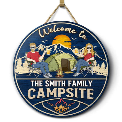 Welcome To Our Campsite - Personalized Wood Circle Sign