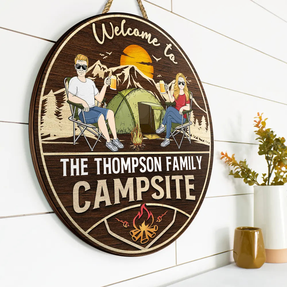 Welcome To Our Campsite - Personalized Wood Circle Sign