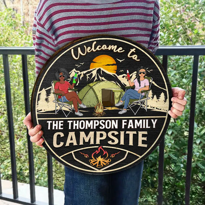 Welcome To Our Campsite - Personalized Wood Circle Sign