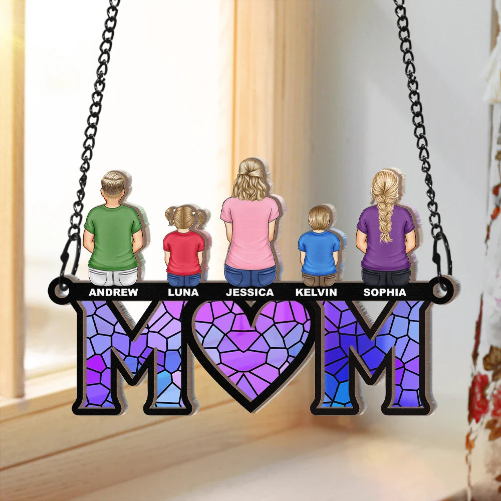 Mom Dad With Children - Personalized Window Hanging Suncatcher Ornament