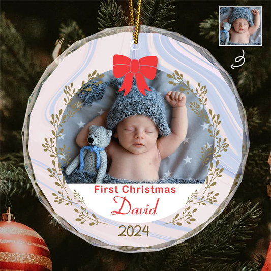 Custom Photo First Christmas - Personalized Circle Glass Ornament