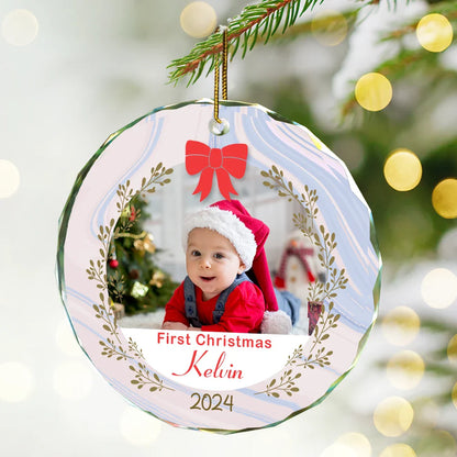 Custom Photo First Christmas - Personalized Circle Glass Ornament