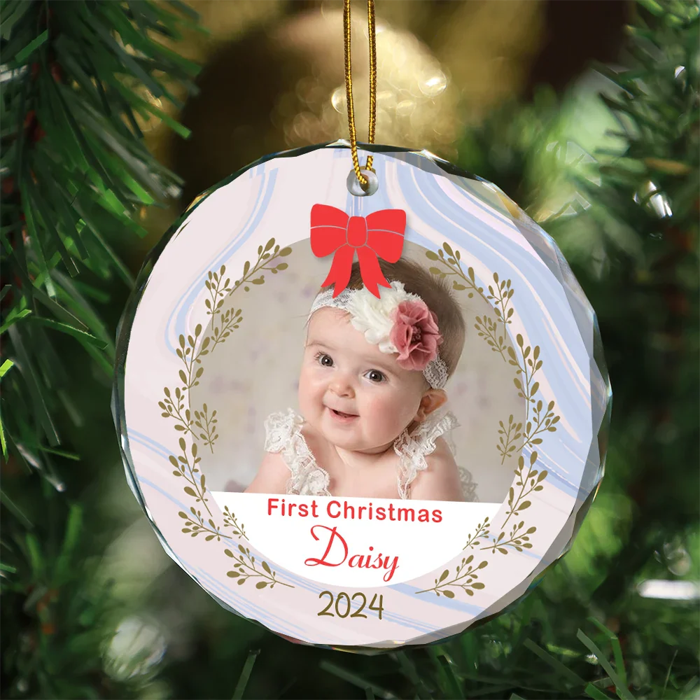 Custom Photo First Christmas - Personalized Circle Glass Ornament