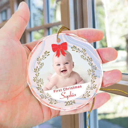 Custom Photo First Christmas - Personalized Circle Glass Ornament