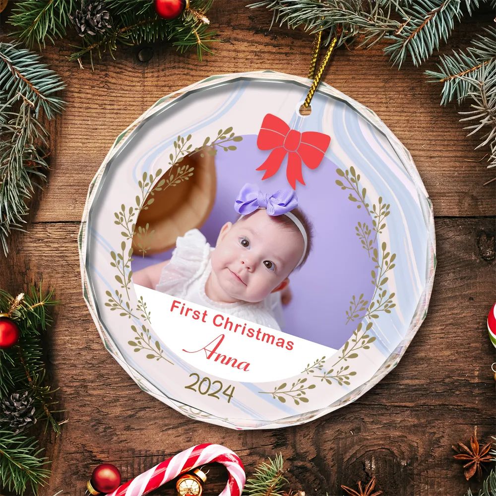 Custom Photo First Christmas - Personalized Circle Glass Ornament