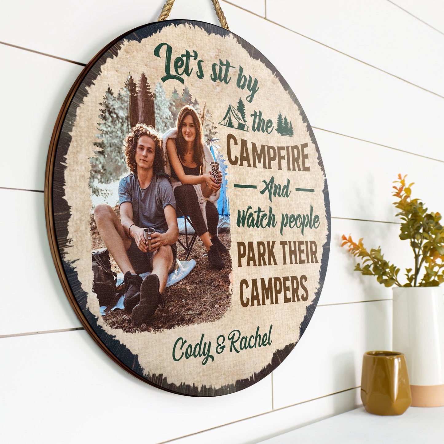 Custom Photo Husband And Wife Camping Partners For Life - Gift For Camping Couples - Personalized Custom Wood Circle Sign