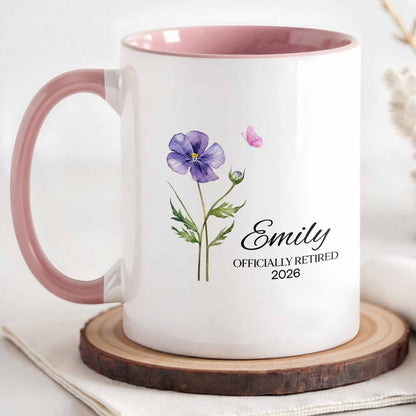 Personalized Officially Retired Mug - Purple Flower & Butterfly Design