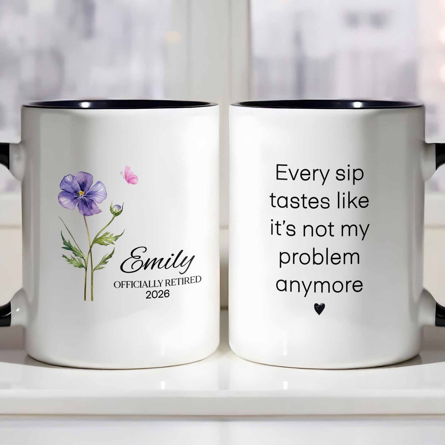 Personalized Officially Retired Mug - Purple Flower & Butterfly Design