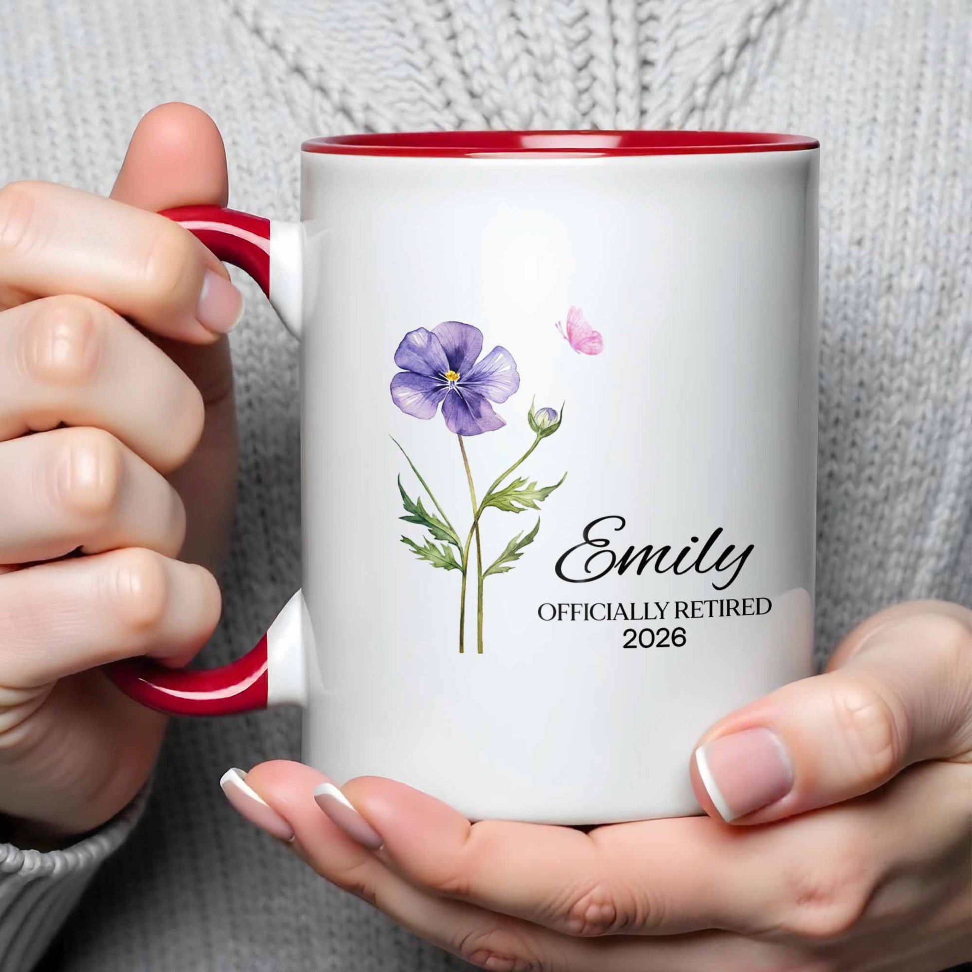 Personalized Officially Retired Mug - Purple Flower & Butterfly Design