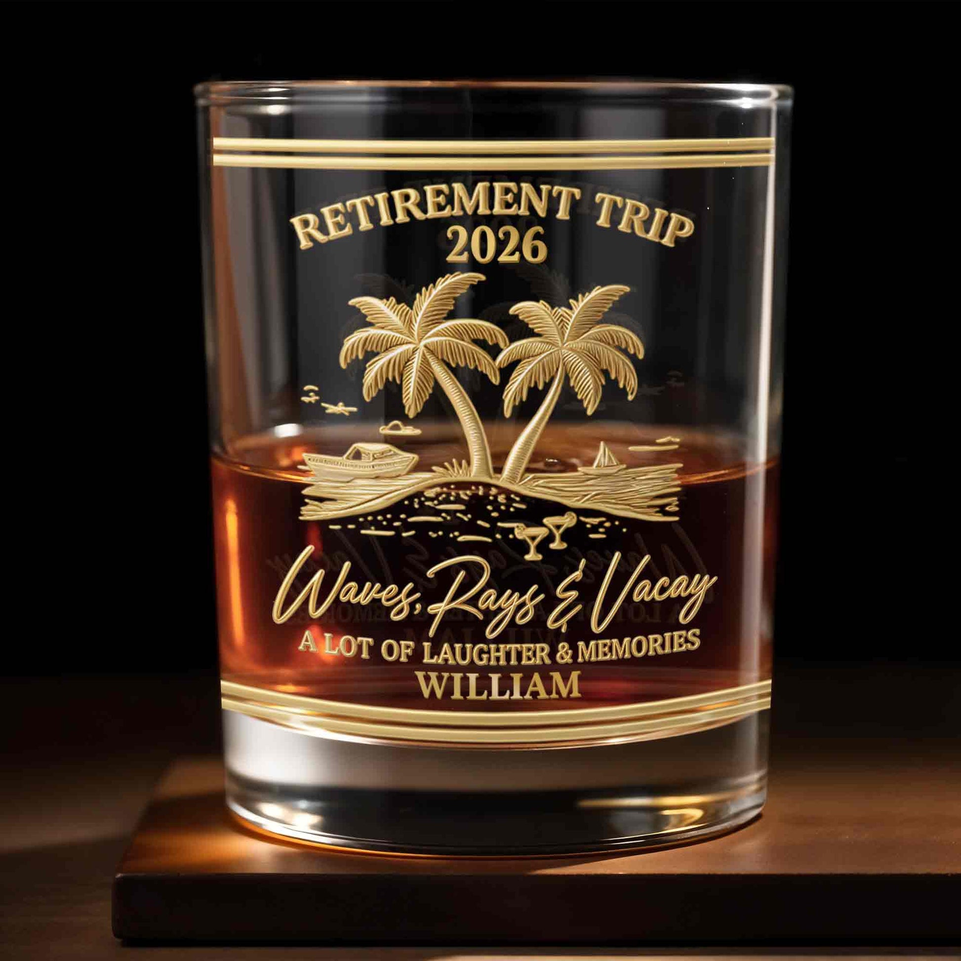 Personalized Retirement Whiskey Glass - Beach Trip with Waves & Palm Trees