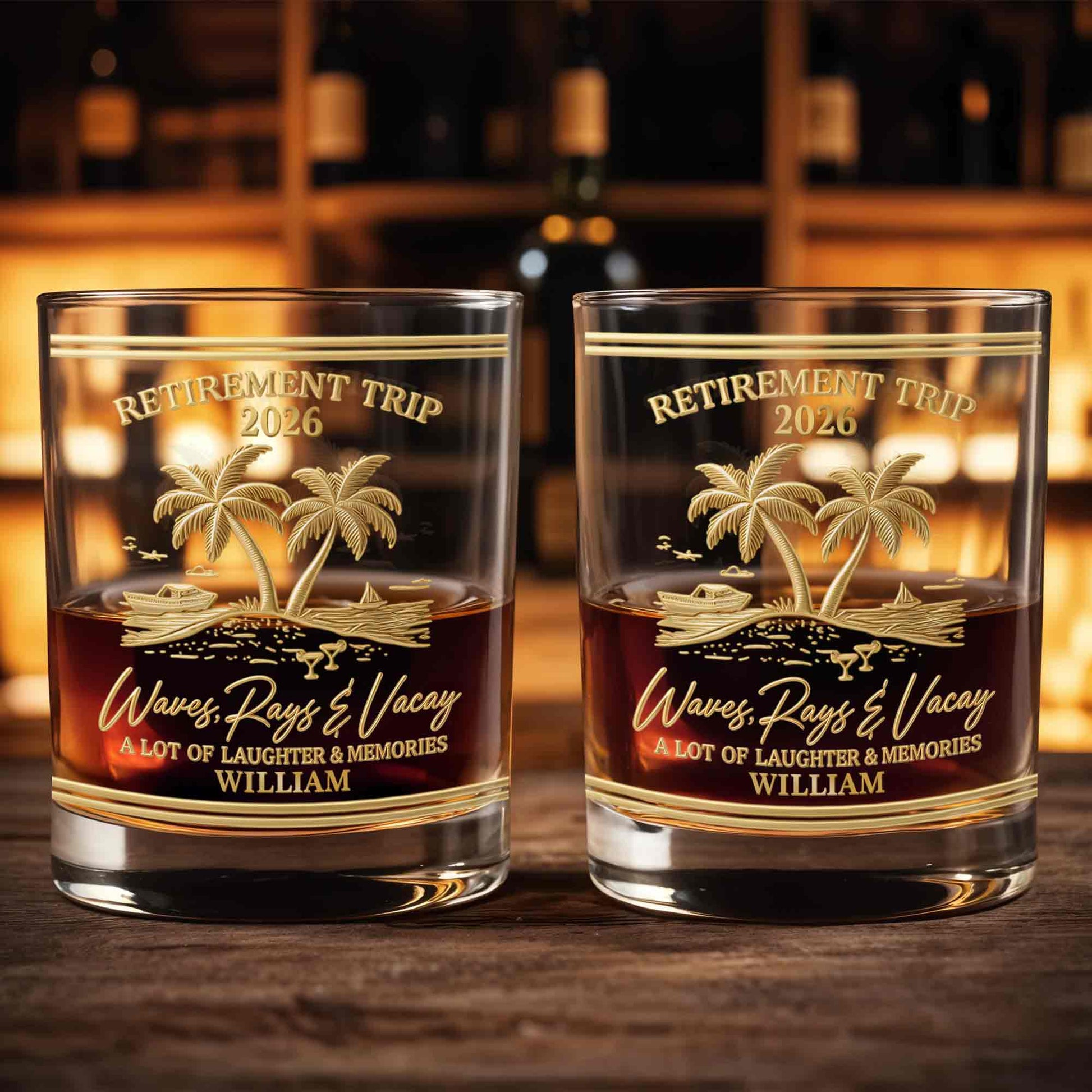 Personalized Retirement Whiskey Glass - Beach Trip with Waves & Palm Trees