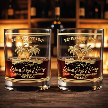 Personalized Retirement Whiskey Glass - Beach Trip with Waves & Palm Trees