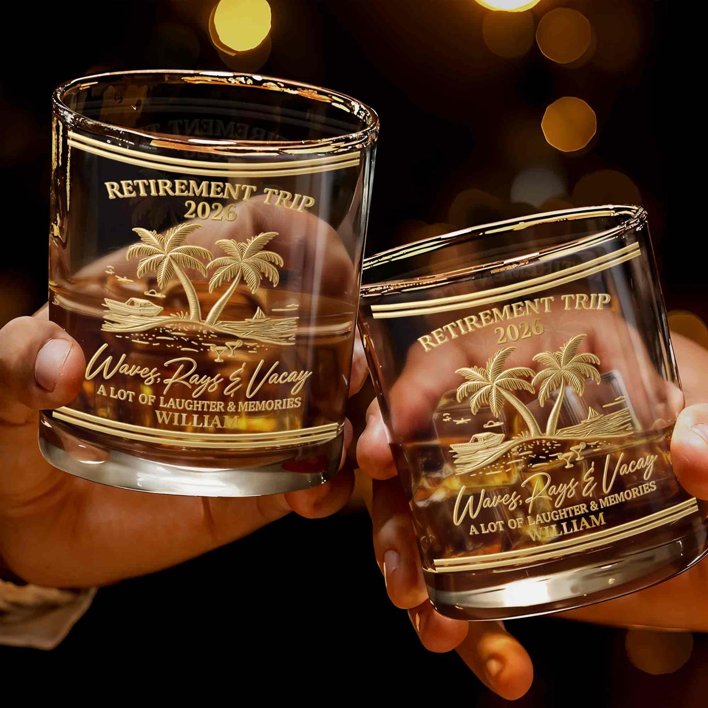 Personalized Retirement Whiskey Glass - Beach Trip with Waves & Palm Trees