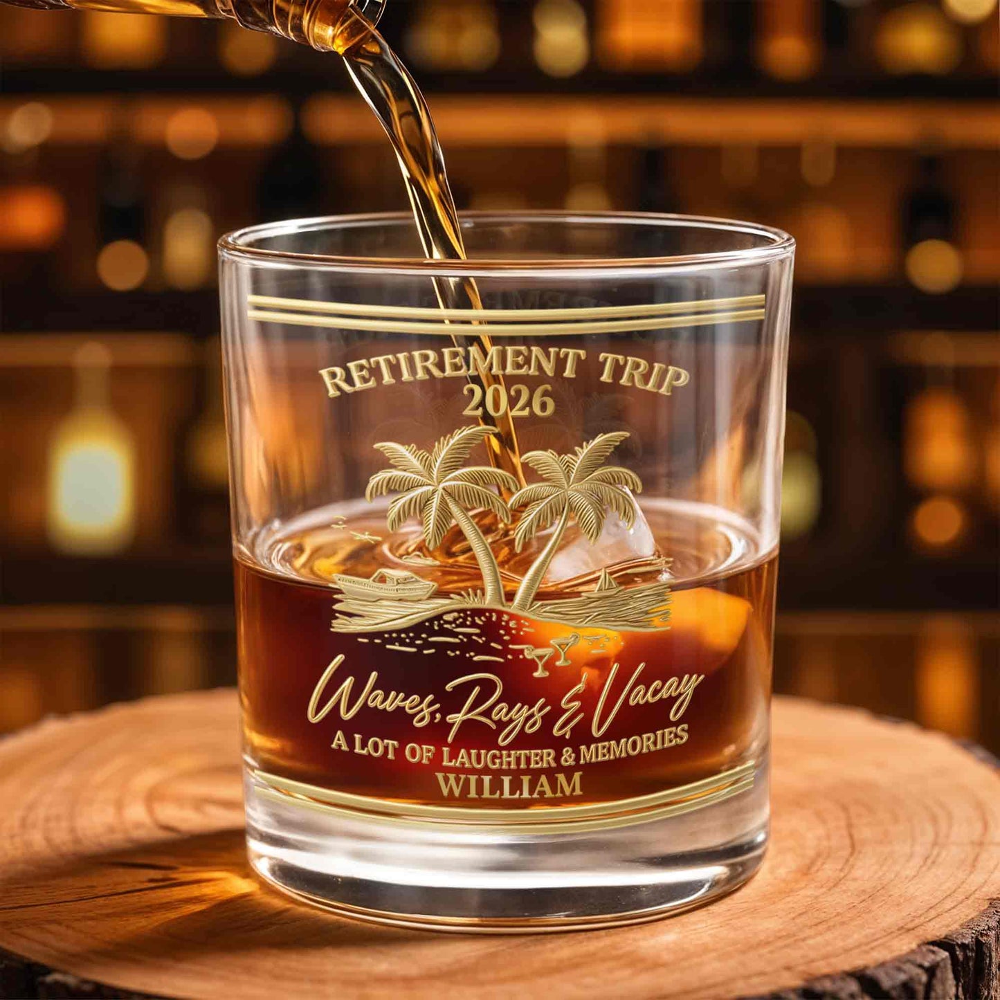 Personalized Retirement Whiskey Glass - Beach Trip with Waves & Palm Trees