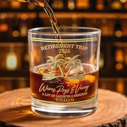 Personalized Retirement Whiskey Glass - Beach Trip with Waves & Palm Trees
