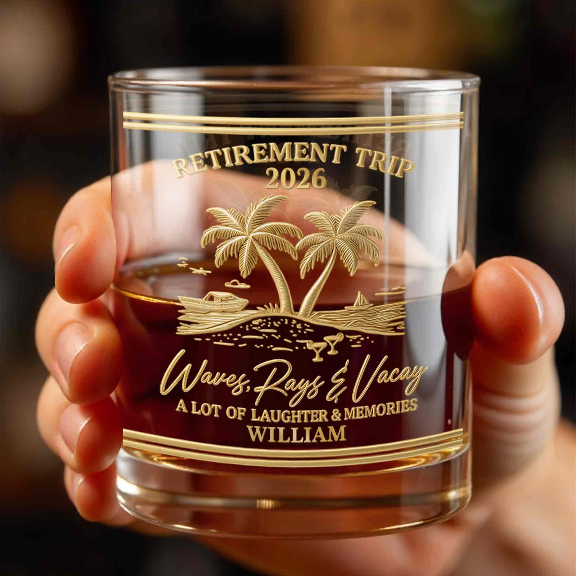 Personalized Retirement Whiskey Glass - Beach Trip with Waves & Palm Trees