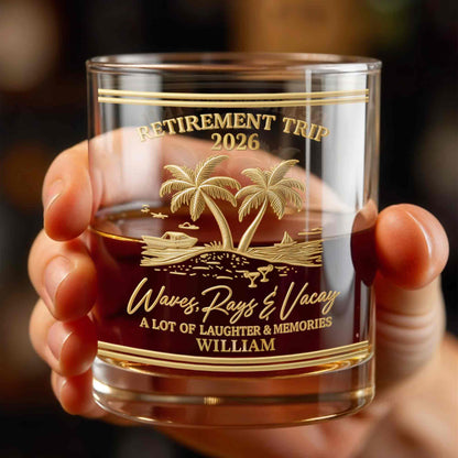 Personalized Retirement Whiskey Glass - Beach Trip with Waves & Palm Trees