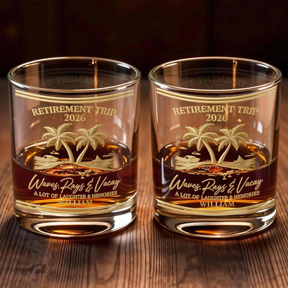 Personalized Retirement Whiskey Glass - Beach Trip with Waves & Palm Trees