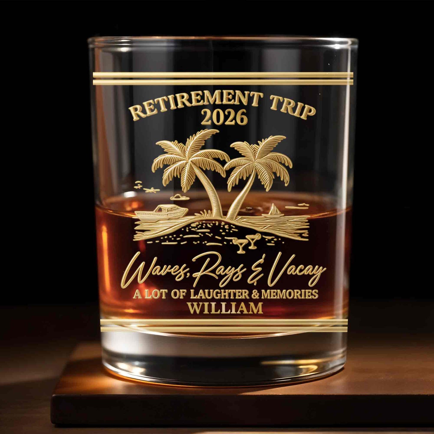 Personalized Retirement Whiskey Glass - Beach Trip with Waves & Palm Trees
