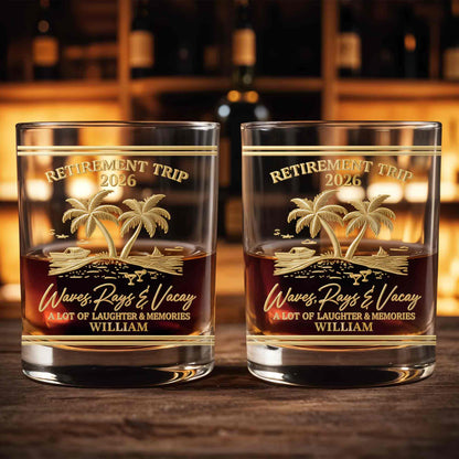 Personalized Retirement Whiskey Glass - Beach Trip with Waves & Palm Trees