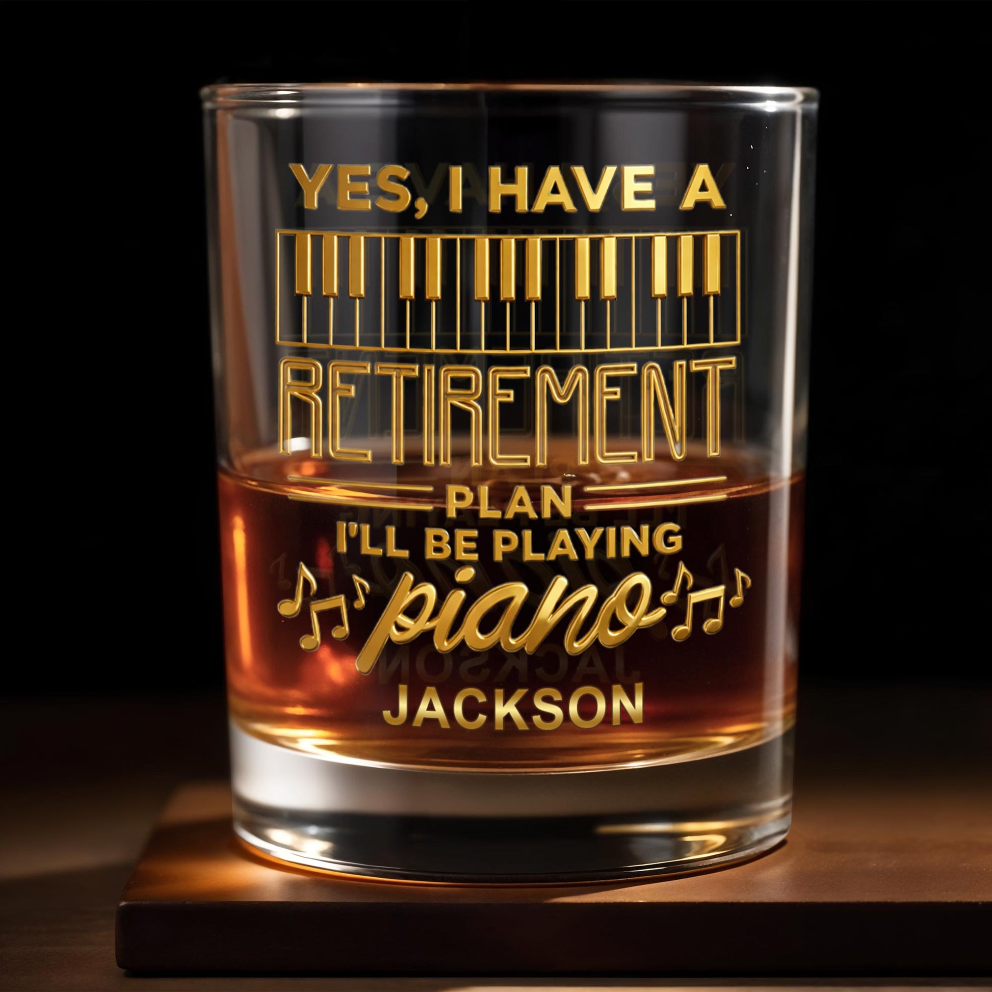 Personalized Piano Retirement Whiskey Glass with custom name and musical notes design