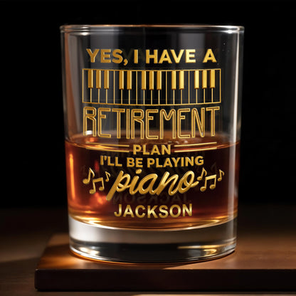 Personalized Piano Retirement Whiskey Glass with custom name and musical notes design