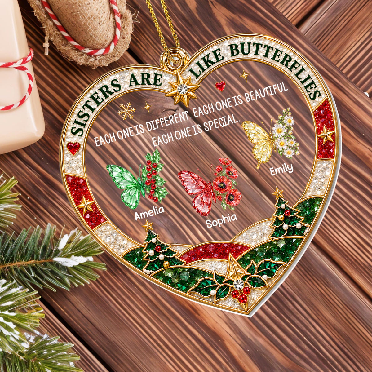Sisters Are Like Butterflies Personalized Acrylic Ornament - Custom Birth Flower Gift for Sister