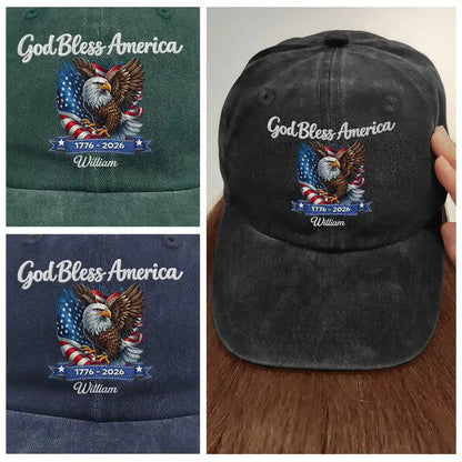 “God Bless America” - Personalized Vintage Washed Denim Cap