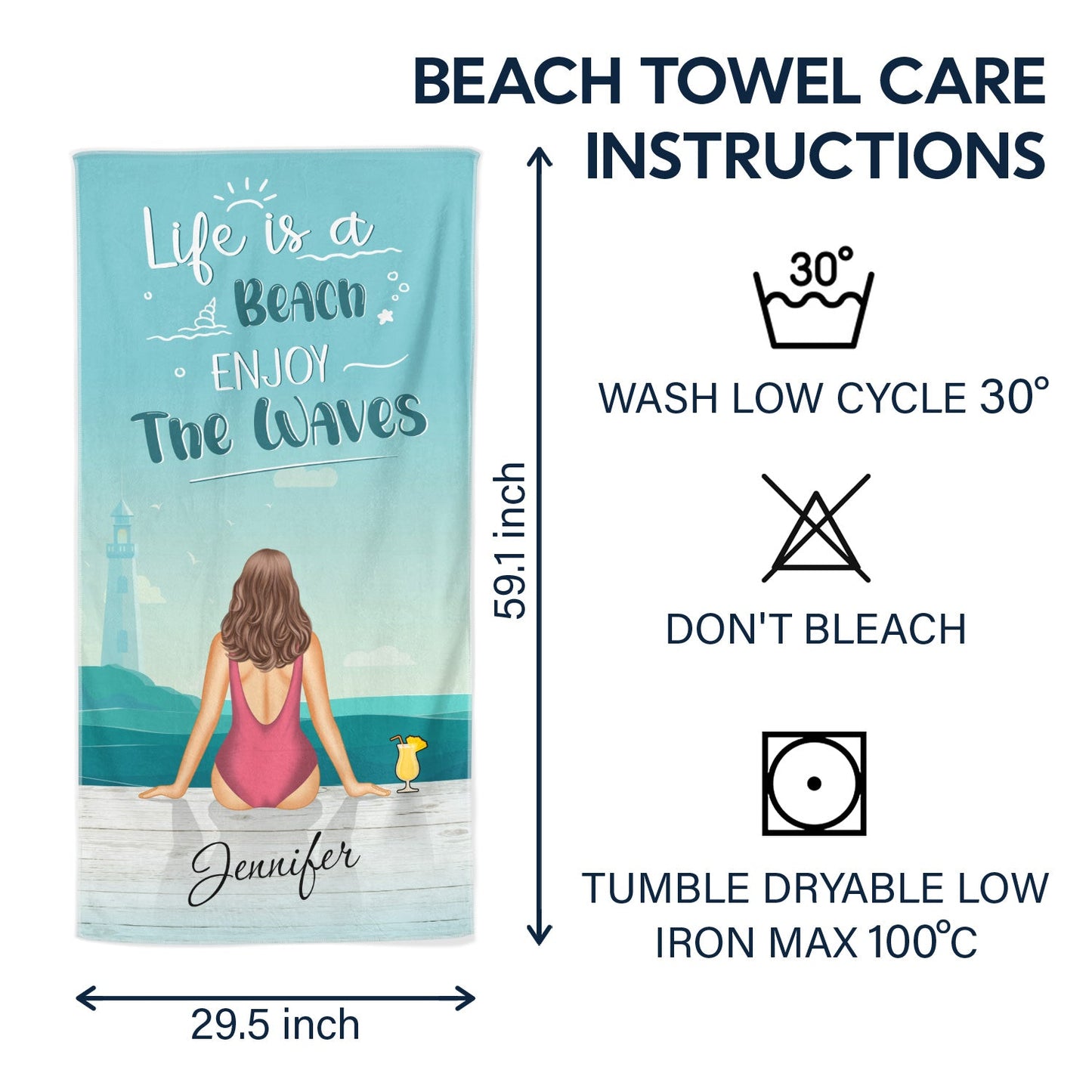 Personalized Beach Towel: 'Ocean Air Salty Hair, Not A Care' Custom Gift