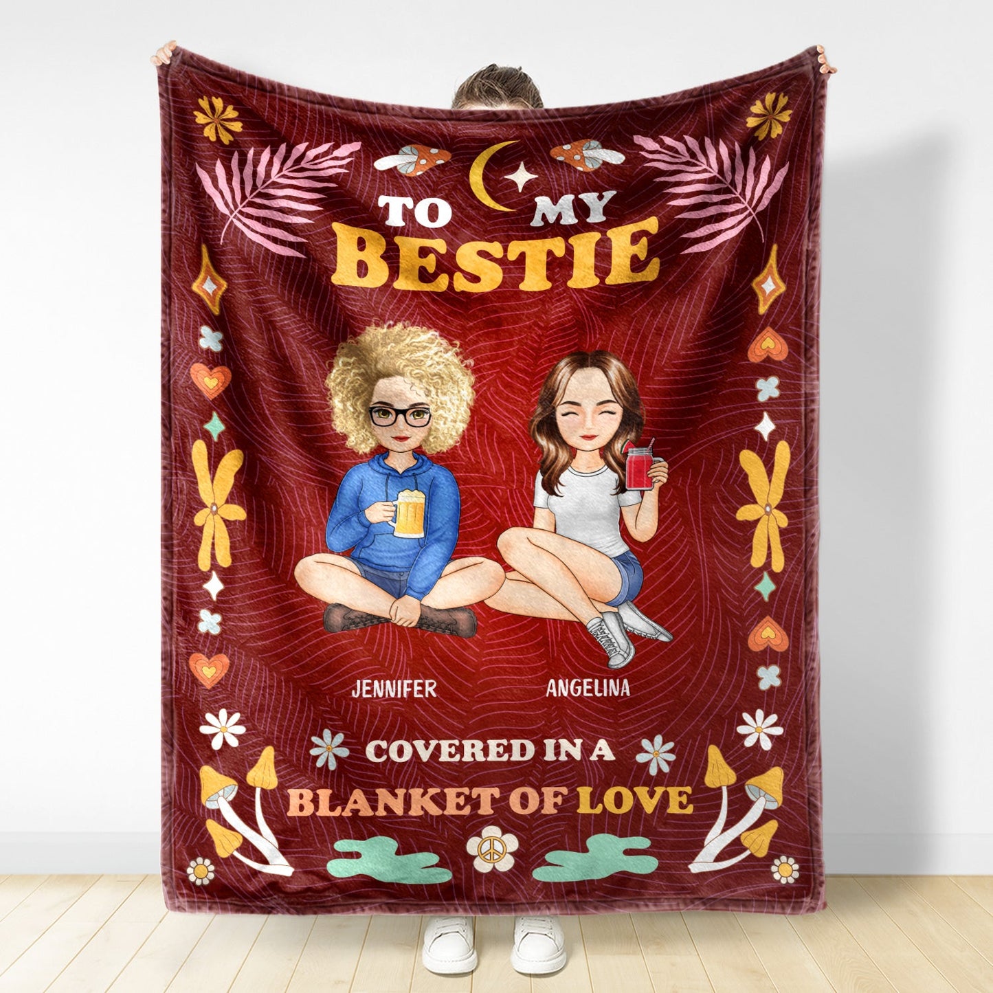 Hippie To My Bestie Sister Covered In Love - Gift For Bestie, Sister - Personalized Fleece Blanket