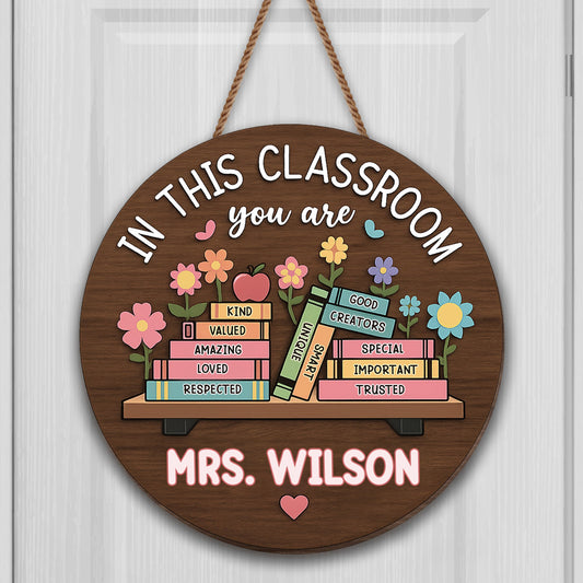 Personalized teacher classroom wood sign featuring school books and custom name for teacher appreciation gift