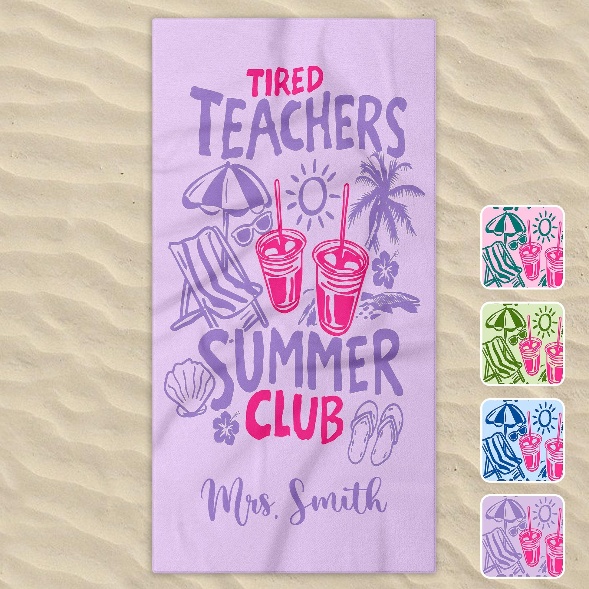 Personalized teacher appreciation gifts microfiber beach towel featuring Tired Teachers Summer Club custom text on sand