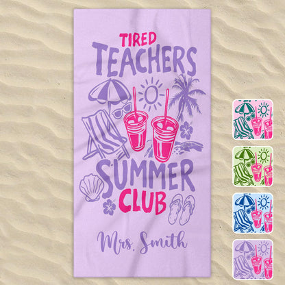 Personalized teacher appreciation gifts microfiber beach towel featuring Tired Teachers Summer Club custom text on sand