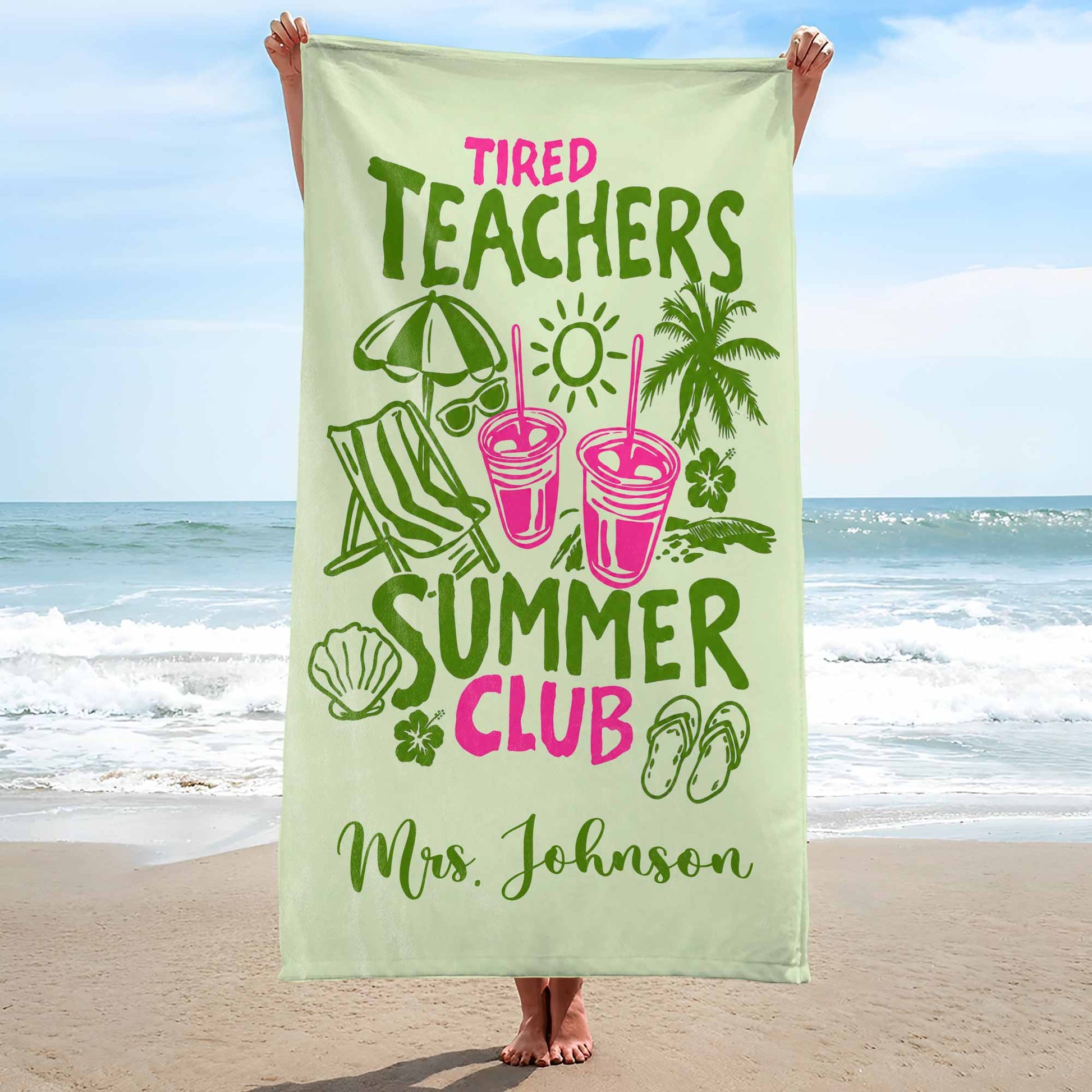 Personalized teacher appreciation gifts microfiber beach towel featuring Tired Teachers Summer Club custom text on sand image 6