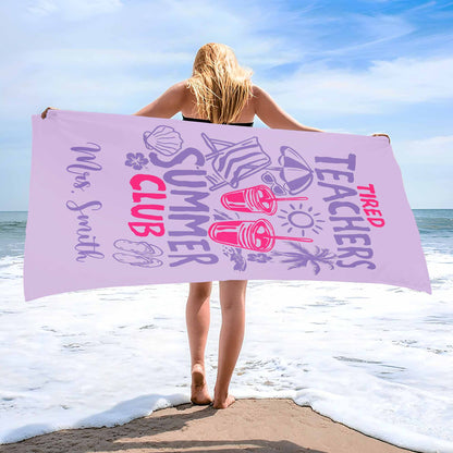 Personalized teacher appreciation gifts microfiber beach towel featuring Tired Teachers Summer Club custom text on sand image 7