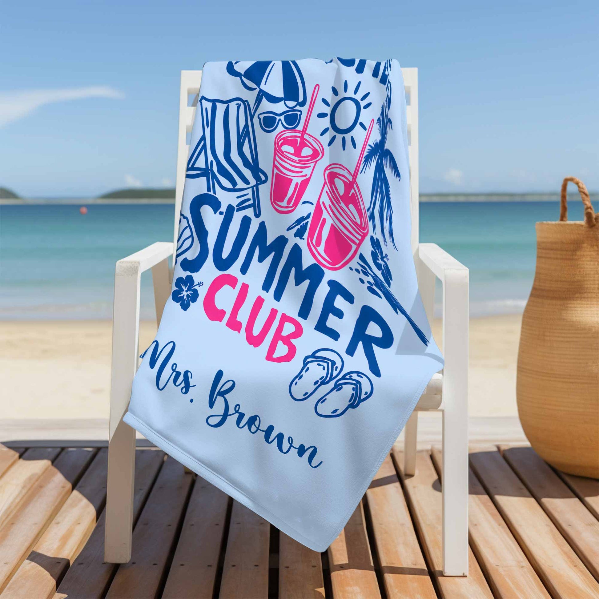 Personalized teacher appreciation gifts microfiber beach towel featuring Tired Teachers Summer Club custom text on sand image 8