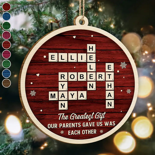 Personalized family crossword wooden ornament with custom names printed for family and holiday tree decor