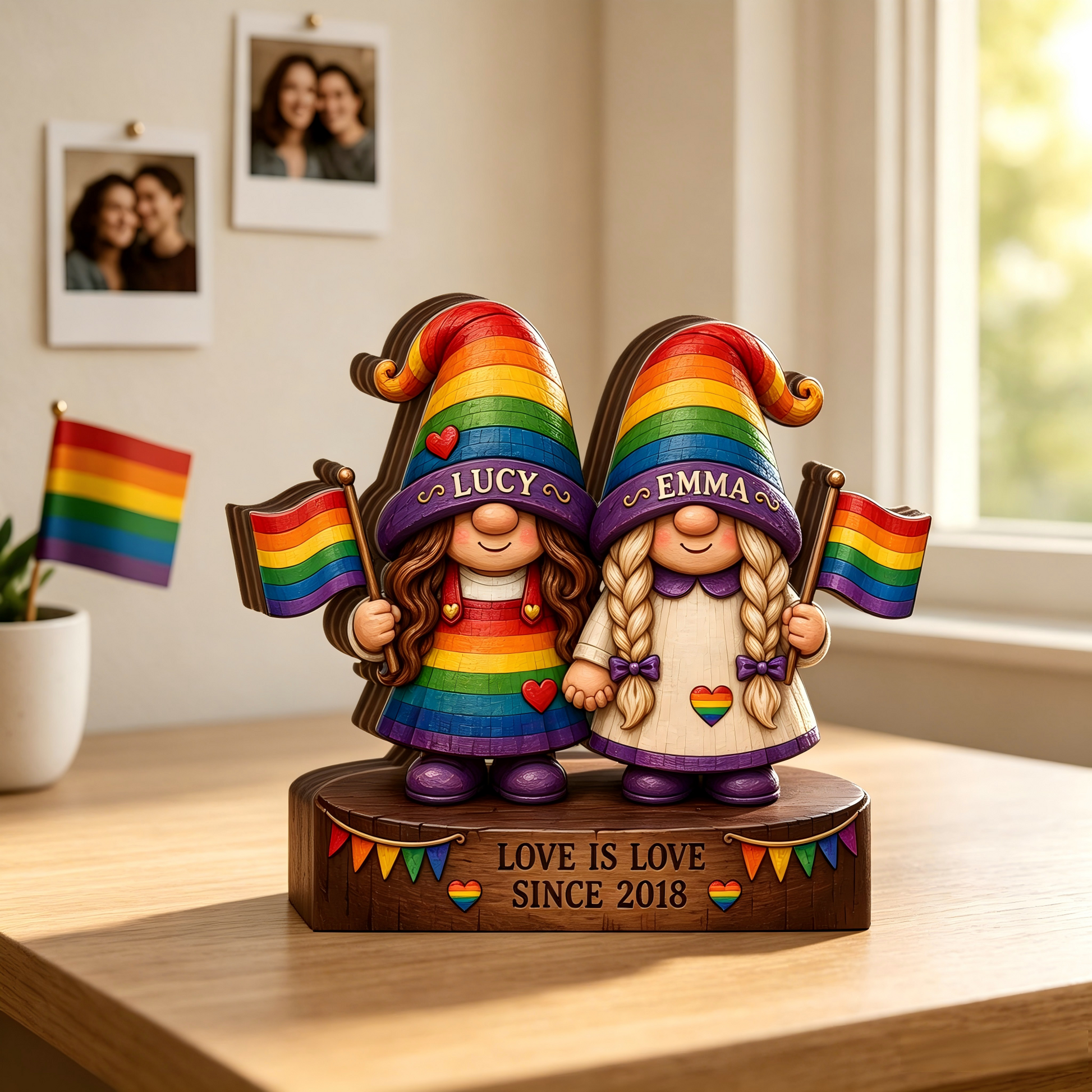 Personalized lgbtq couple wooden plaque featuring custom rainbow gnomes - pride anniversary gift for couples