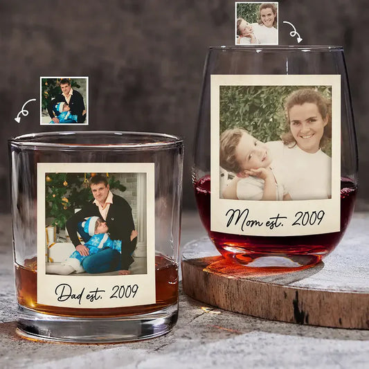 Custom Photo Mom & Dad EST - Personalized Combo Wine & Whiskey Glass