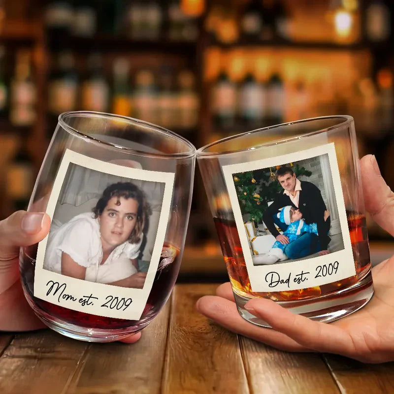 Custom Photo Mom & Dad EST - Personalized Combo Wine & Whiskey Glass