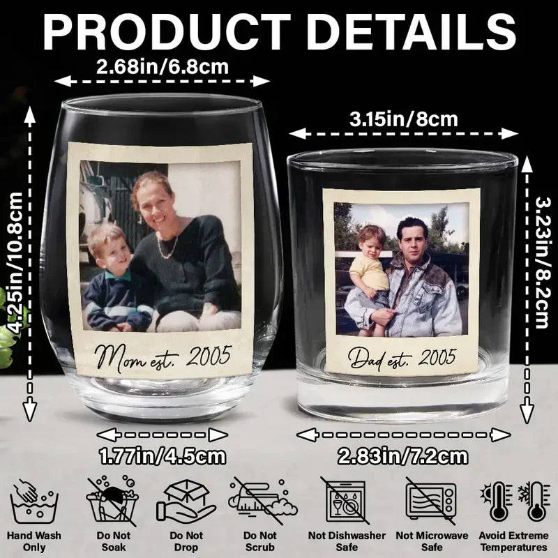 Custom Photo Mom & Dad EST - Personalized Combo Wine & Whiskey Glass
