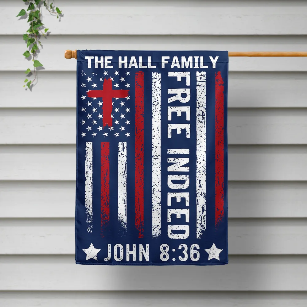Independence Day,Christian - America Free Indeed Blessing Cross - Personalized Flag