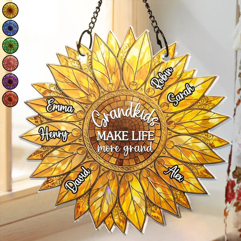 Grandkids Make Life Grand - Personalized Sunflower Window Hanging Suncatcher Ornament