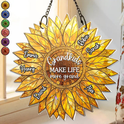 Grandkids Make Life Grand - Personalized Sunflower Window Hanging Suncatcher Ornament