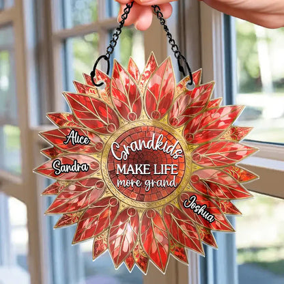 Grandkids Make Life Grand - Personalized Sunflower Window Hanging Suncatcher Ornament