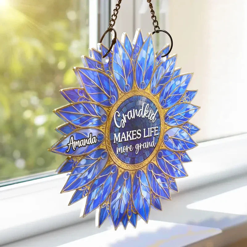 Grandkids Make Life Grand - Personalized Sunflower Window Hanging Suncatcher Ornament